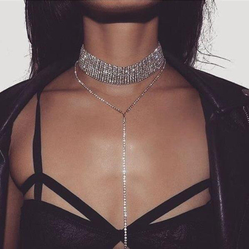 Fahion Choker Necklace Multi-Row Full Rhinestones With A 16in Long Pendant
