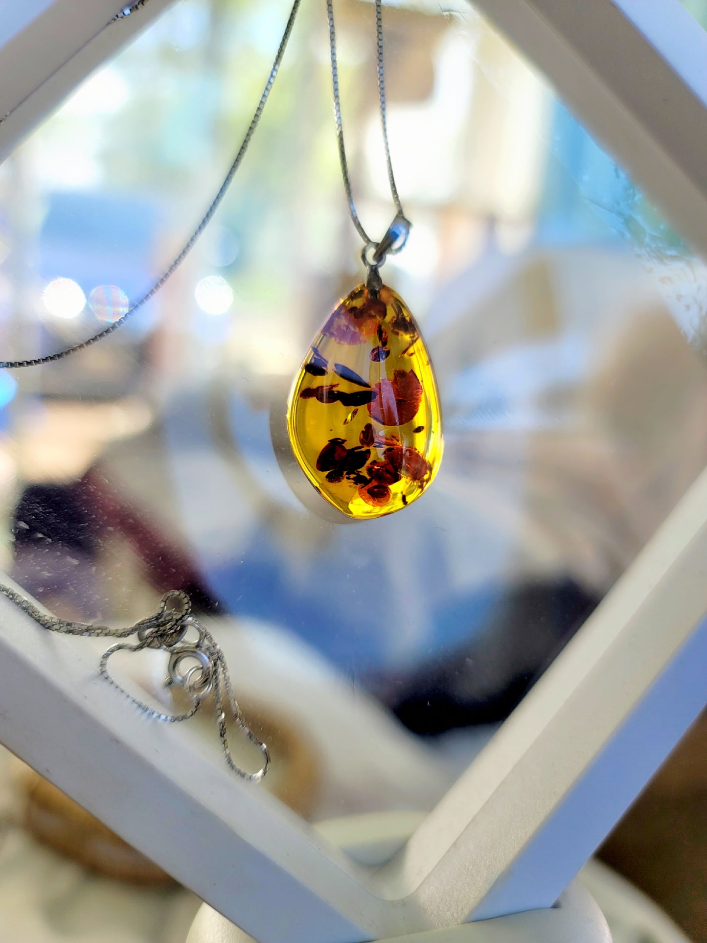 Handmade 18K Gold Foil Flake Amber Rain Drop Shaped Pendant 925 Sterling Silver Necklace