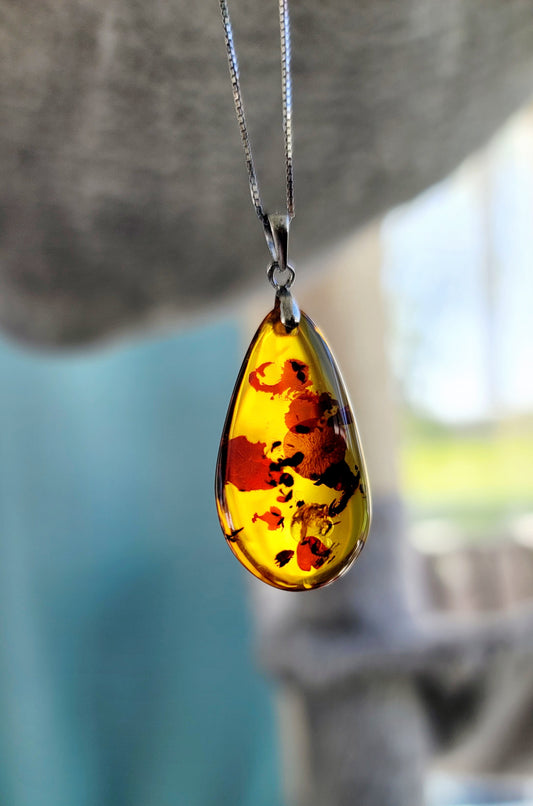 Handmade 18K Gold Foil Flake Amber Rain Drop Shaped Pendant 925 Sterling Silver Necklace