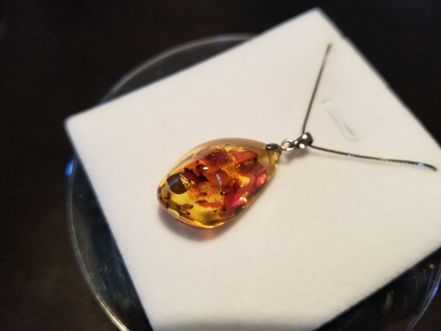 Handmade 18K Gold Foil Flake Amber Unique Shaped Pendant 18K White Gold Plated Over 925 Sterling Silver Necklace (Copy)