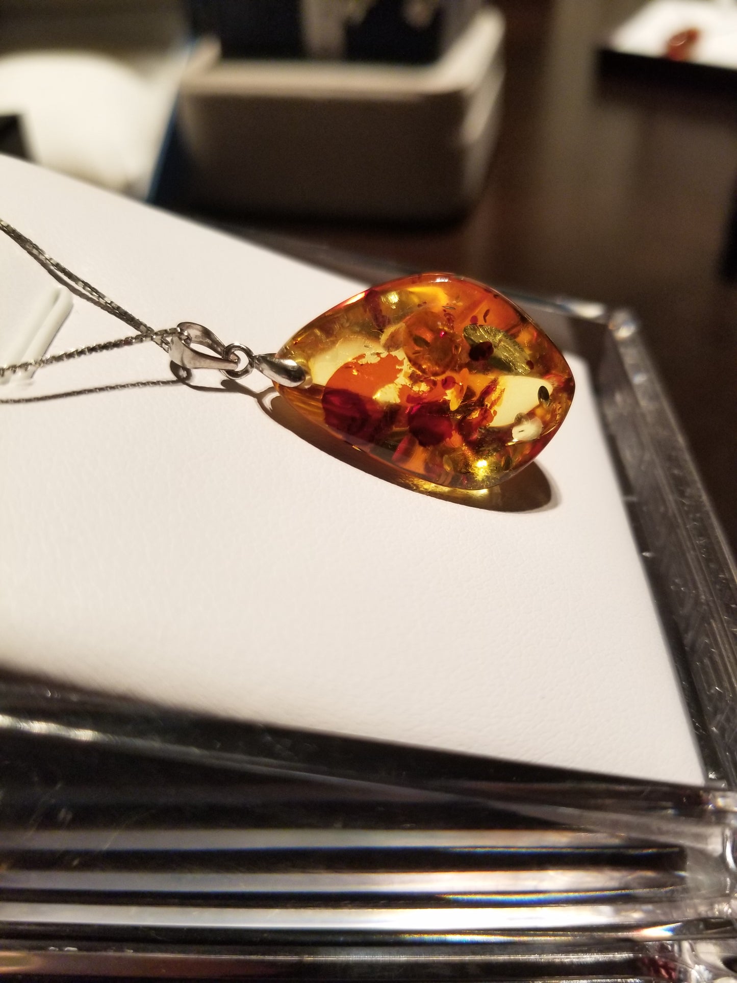 Handmade 18K Gold Foil Flake Amber Unique Shaped Pendant 18K White Gold Plated Over 925 Sterling Silver Necklace (Copy)