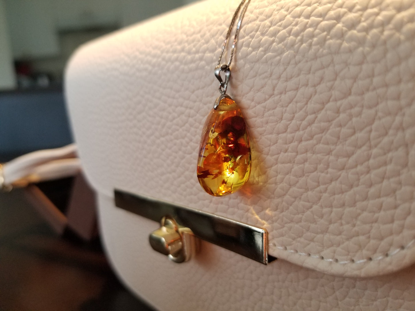 Handmade 18K Gold Foil Flake Amber Unique Shaped Pendant 18K White Gold Plated Over 925 Sterling Silver Necklace (Copy)
