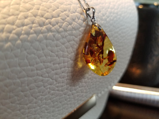 Handmade 18K Gold Foil Flake Amber Unique Shaped Pendant 18K White Gold Plated Over 925 Sterling Silver Necklace (Copy)