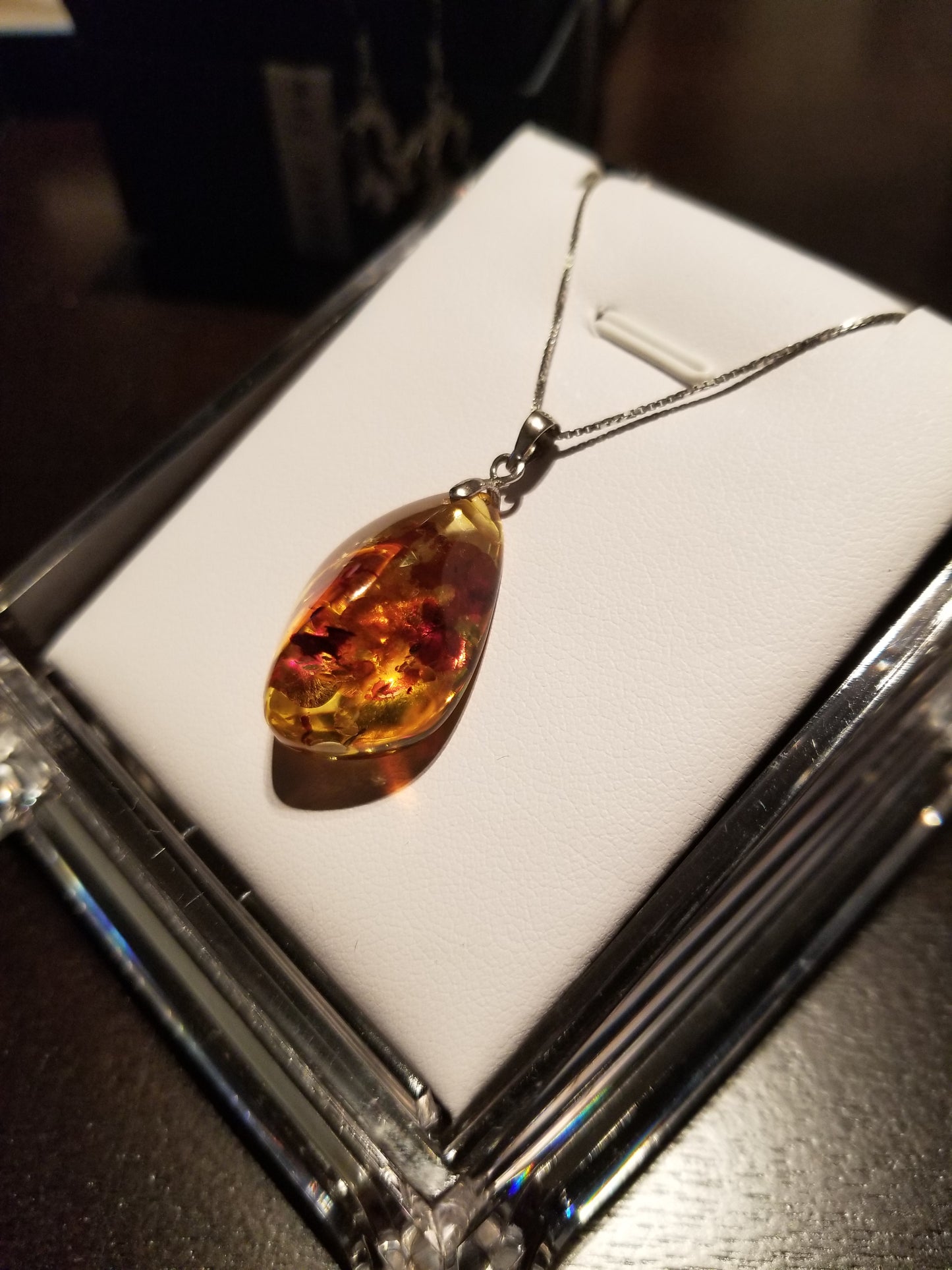 Handmade 18K Gold Foil Flake Amber Unique Shaped Pendant 18K White Gold Plated Over 925 Sterling Silver Necklace (Copy)
