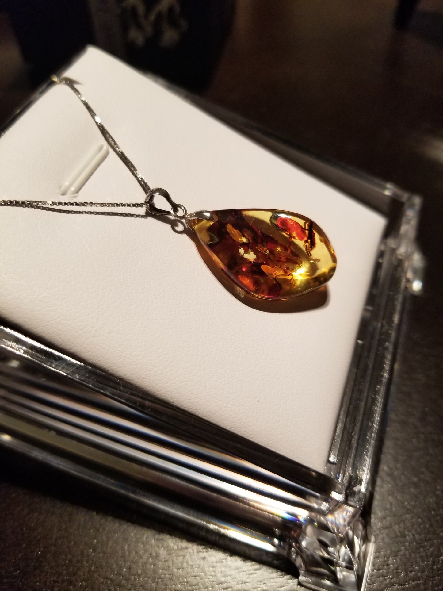 Handmade 18K Gold Foil Flake Amber Unique Shaped Pendant 18K White Gold Plated Over 925 Sterling Silver Necklace (Copy)