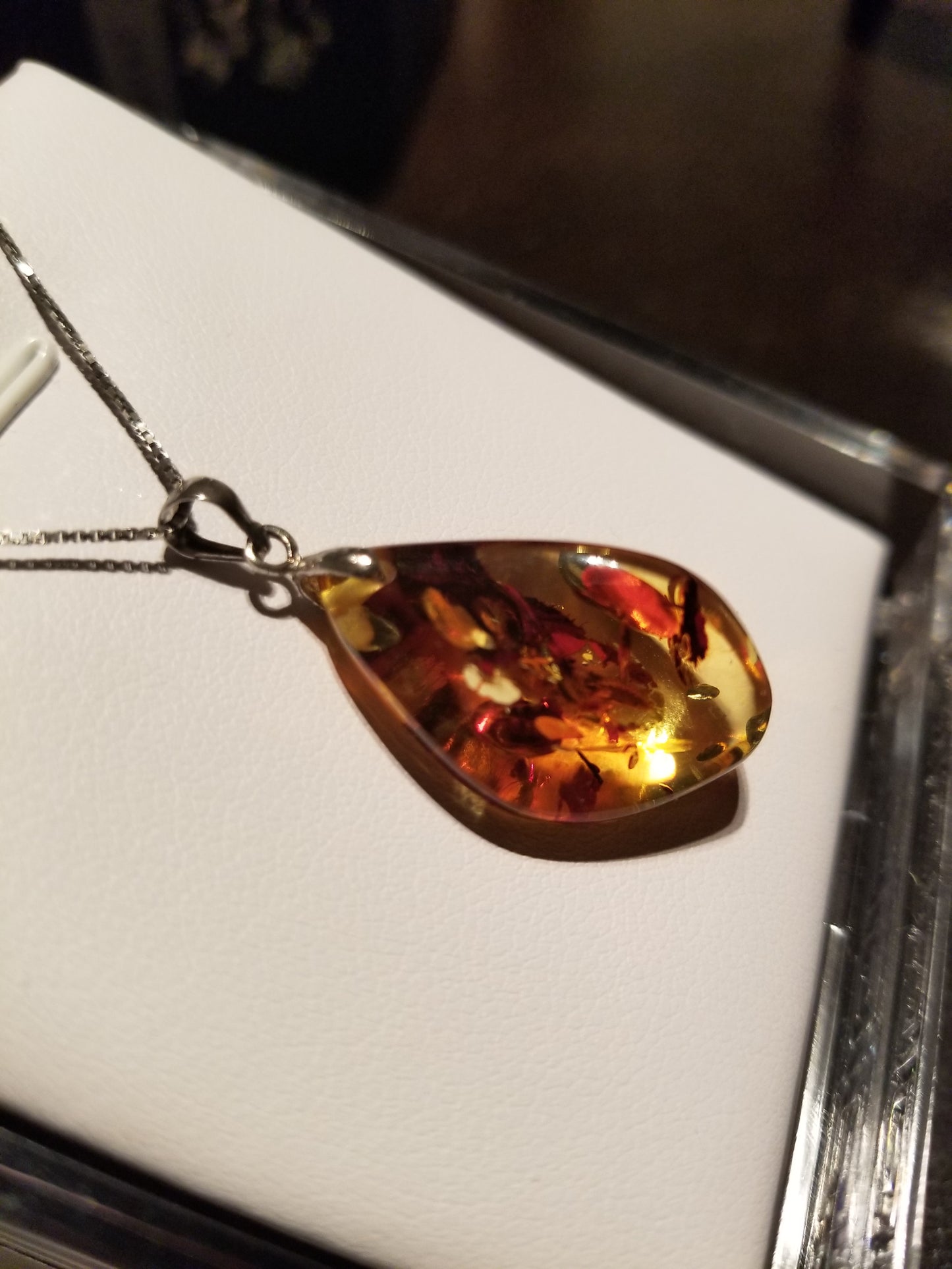 Handmade 18K Gold Foil Flake Amber Unique Shaped Pendant 18K White Gold Plated Over 925 Sterling Silver Necklace (Copy)