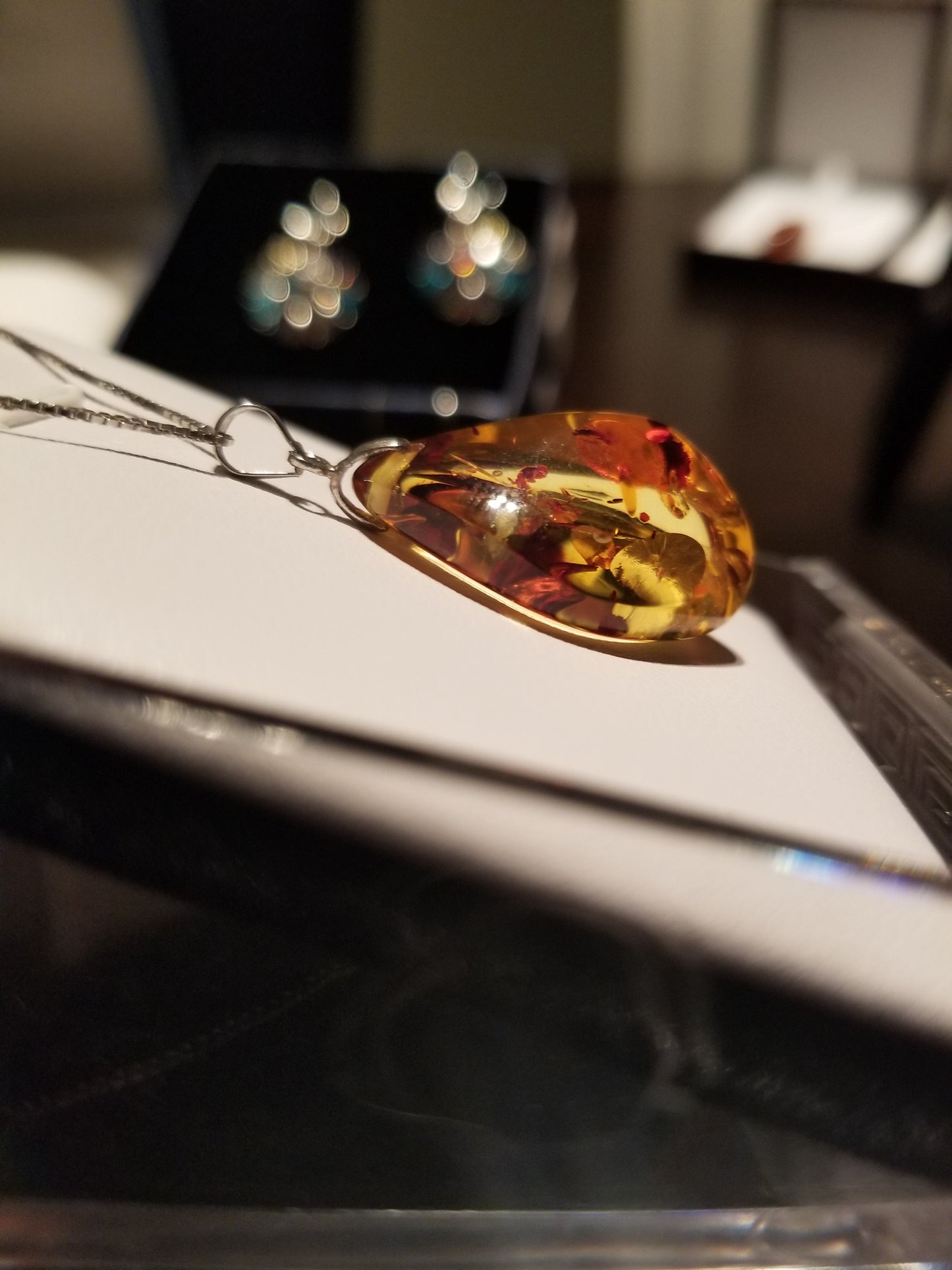 Handmade 18K Gold Foil Flake Amber Unique Shaped Pendant 18K White Gold Plated Over 925 Sterling Silver Necklace (Copy)