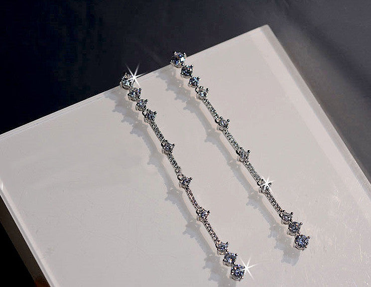 BR CHIC Silver Long Drop Crystals Tassle Earrings