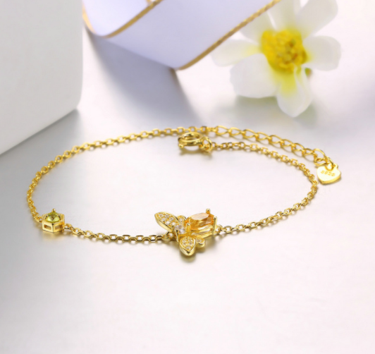 Citrine Honey Bee Silver Jewelry 14K Gold Plated Chain Charm Bracelet