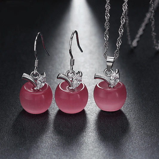 925 Sterling Silver Platinum Plated Jewelry Cat's Eye Stone Apple With AAA CZ Crystals Necklace