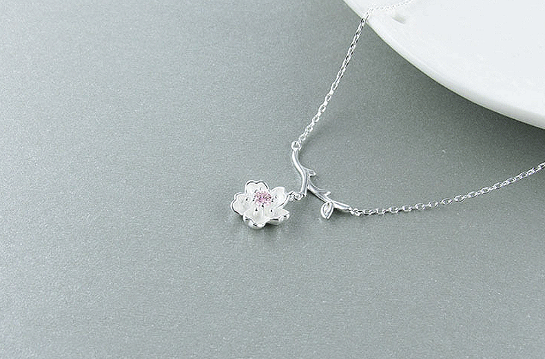 Sakura Cherry Blossom Flower On Branch Pendant With 925 Silver Chain Fashion Jewelry Necklace