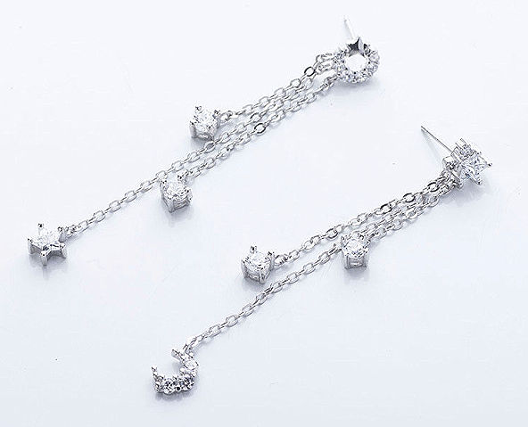 BR CHIC Star And Moon Silver Tassle Earrings With AAA CZ Crystals