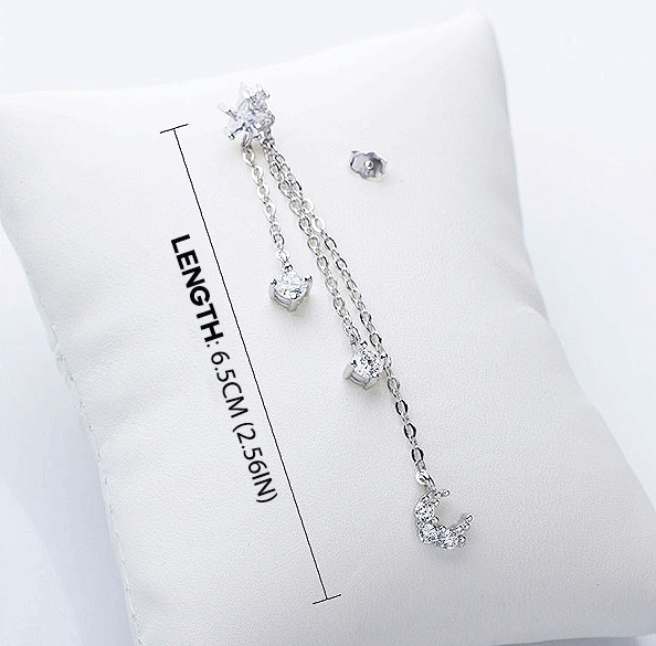 BR CHIC Star And Moon Silver Tassle Earrings With AAA CZ Crystals
