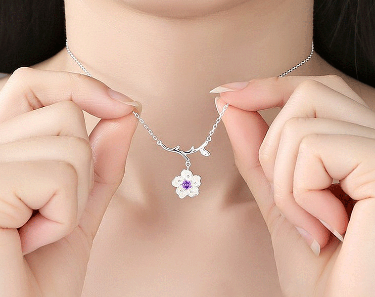 Sakura Cherry Blossom Flower On Branch Pendant With 925 Silver Chain Fashion Jewelry Necklace