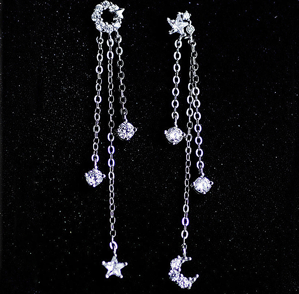 BR CHIC Star And Moon Silver Tassle Earrings With AAA CZ Crystals