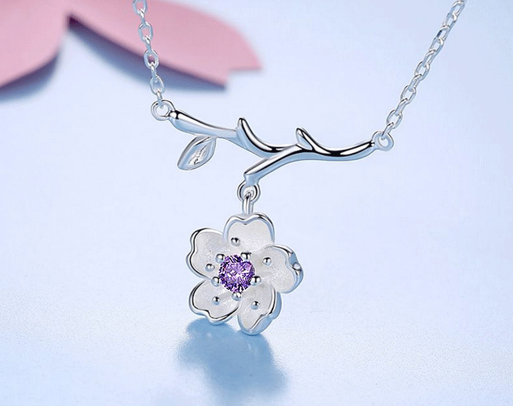 Sakura Cherry Blossom Flower On Branch Pendant With 925 Silver Chain Fashion Jewelry Necklace