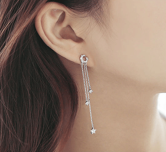 BR CHIC Star And Moon Silver Tassle Earrings With AAA CZ Crystals