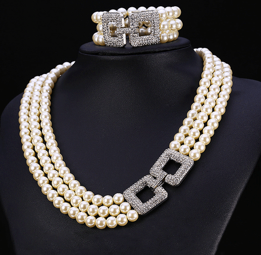 Fashion Jewelry Set Wedding Simulated Pearl With Rhinestones Necklace And Bracelet Set For Women Bridal Engagement Anniversary Party