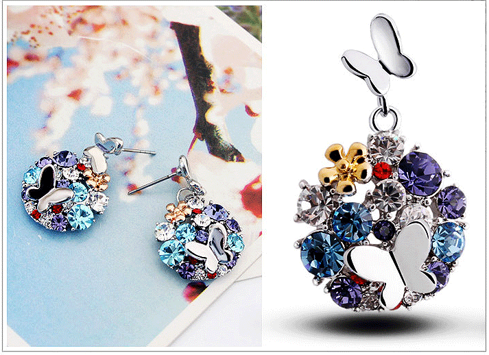 Butterfly on Multi-Color Crystals Flower Necklace & Earring Set