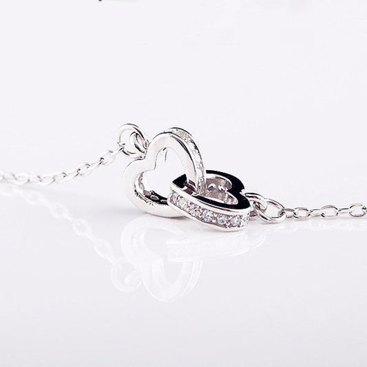 925 Sterling Silver Necklace Together Heart Hoops Pendant with Crystals