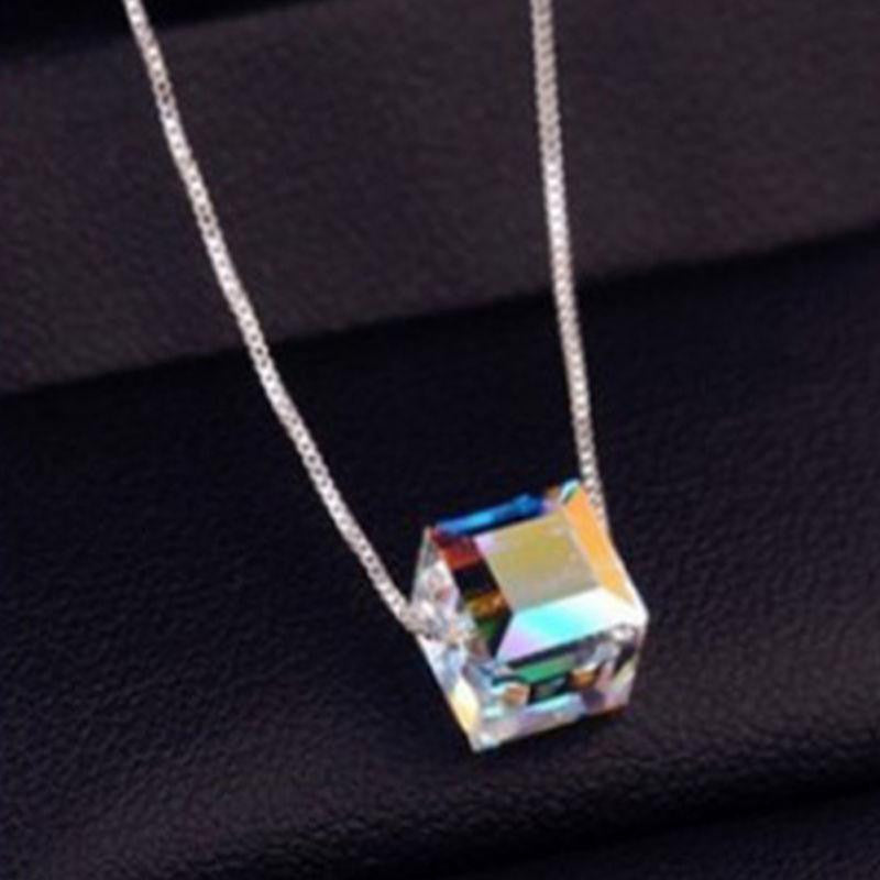 Swarovski Elements Austrian Crystal Cube Necklace With 925 Silver Platinum Plated Chain