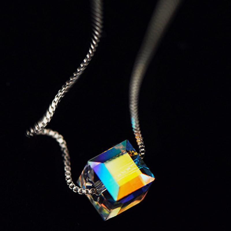 Swarovski Elements Austrian Crystal Cube Necklace With 925 Silver Platinum Plated Chain