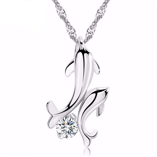 Silver Couple Dolphins Necklace With AAA Austrian Zirconia