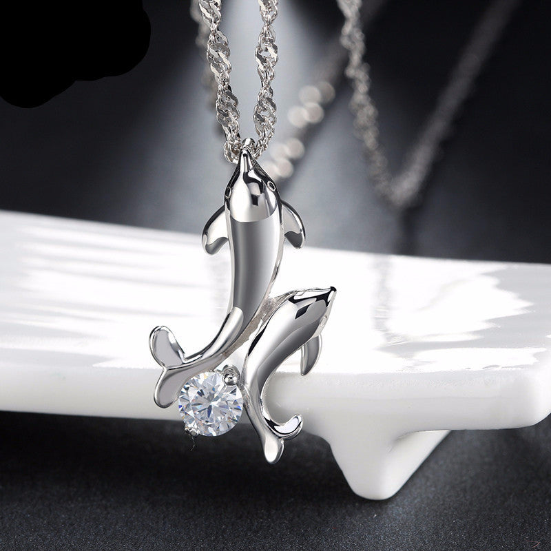 Silver Couple Dolphins Necklace With AAA Austrian Zirconia