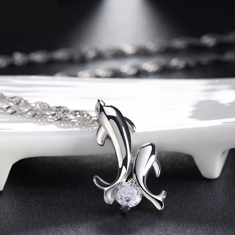 Silver Couple Dolphins Necklace With AAA Austrian Zirconia