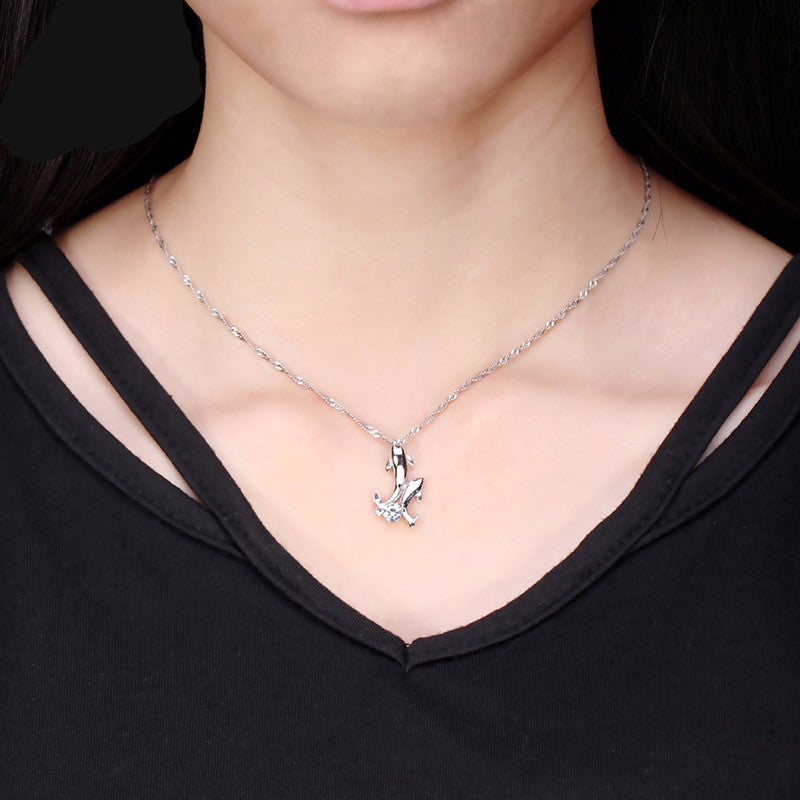 Silver Couple Dolphins Necklace With AAA Austrian Zirconia