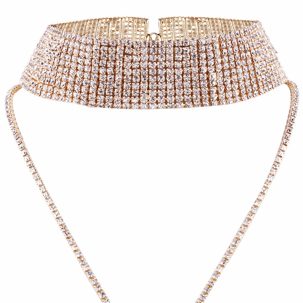 Fahion Choker Necklace Multi-Row Full Rhinestones With A 16in Long Pendant