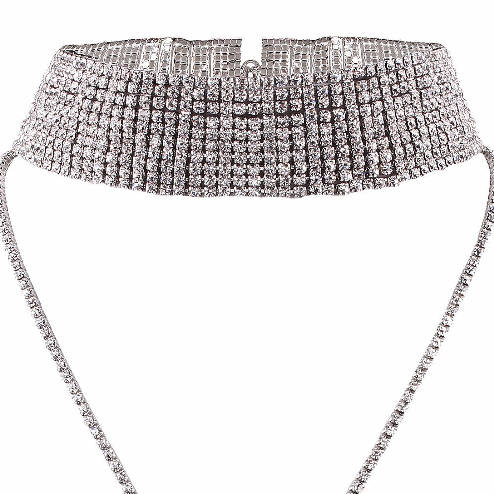 Fahion Choker Necklace Multi-Row Full Rhinestones With A 16in Long Pendant