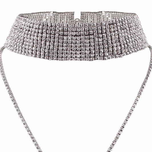 Fahion Choker Necklace Multi-Row Full Rhinestones With A 16in Long Pendant