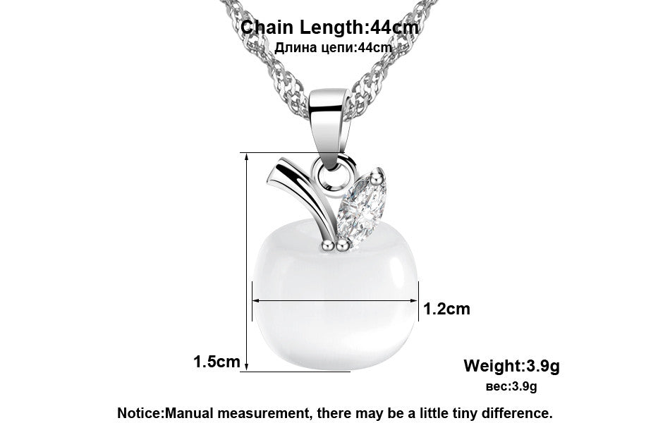 925 Sterling Silver Platinum Plated Jewelry Cat's Eye Stone Apple With AAA CZ Crystals Necklace