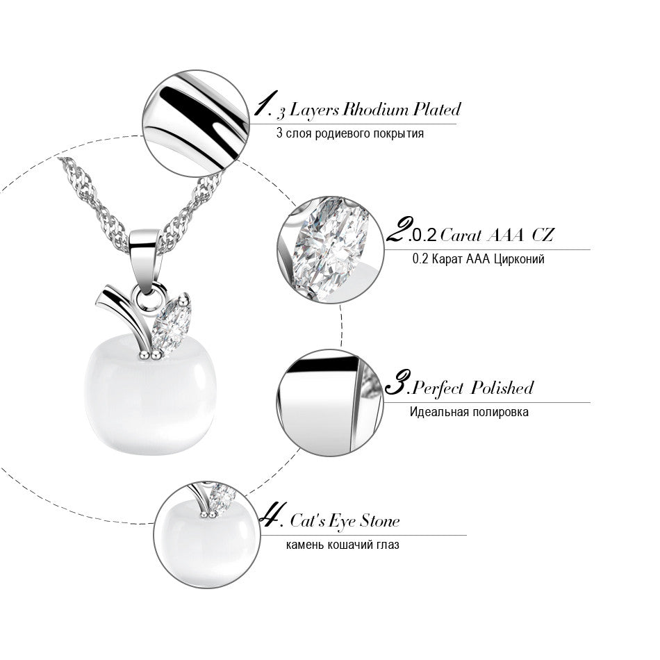 925 Sterling Silver Platinum Plated Jewelry Cat's Eye Stone Apple With AAA CZ Crystals Necklace