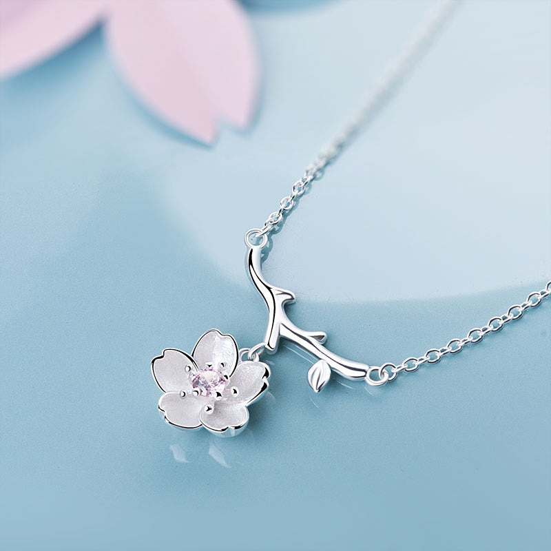 Sakura Cherry Blossom Flower On Branch Pendant With 925 Silver Chain Fashion Jewelry Necklace