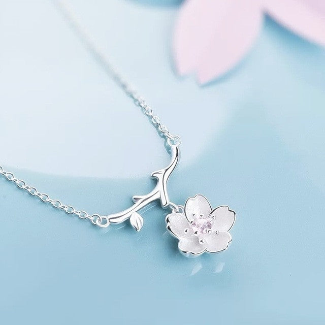 Sakura Cherry Blossom Flower On Branch Pendant With 925 Silver Chain Fashion Jewelry Necklace