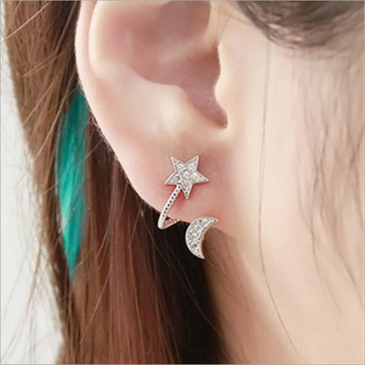 Star And Moon Stud Earrings With Rhinestones