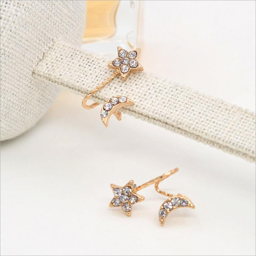 Star And Moon Stud Earrings With Rhinestones