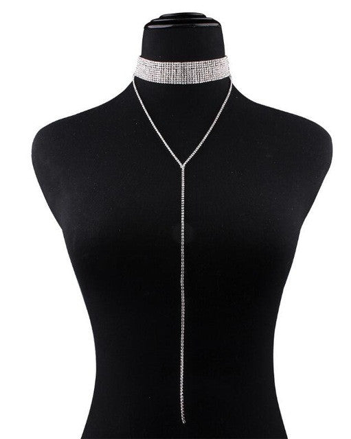 Fahion Choker Necklace Multi-Row Full Rhinestones With A 16in Long Pendant