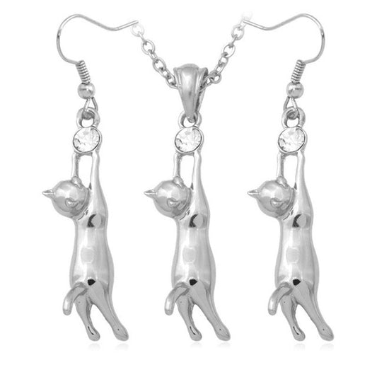 Lovely Cat Pendant Necklace Earrings Set For Women