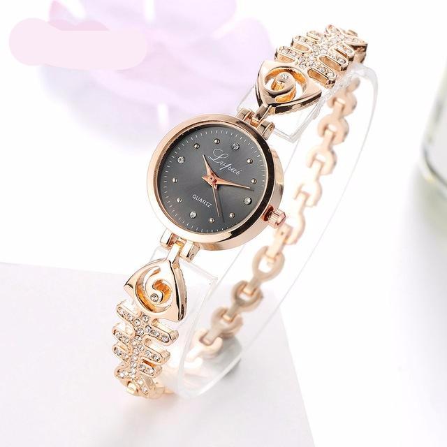 Stainless Steel Fish Bones With Rhinestone Bracelet Quartz Watch