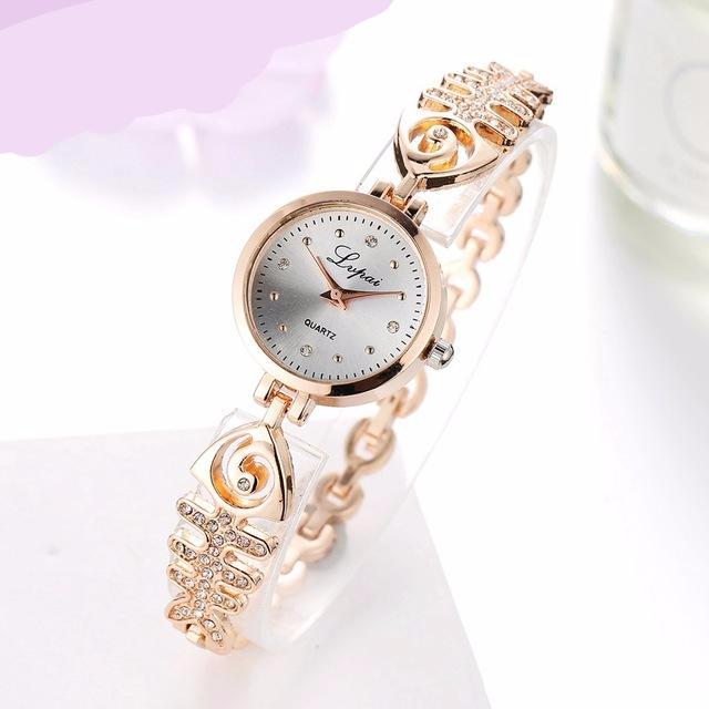 Stainless Steel Fish Bones With Rhinestone Bracelet Quartz Watch