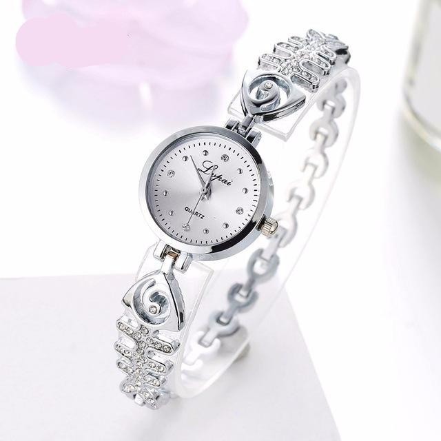 Stainless Steel Fish Bones With Rhinestone Bracelet Quartz Watch