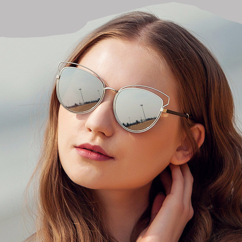 Flat Mirror Women Sunglasses Metal Frame Cateye Layer Shades