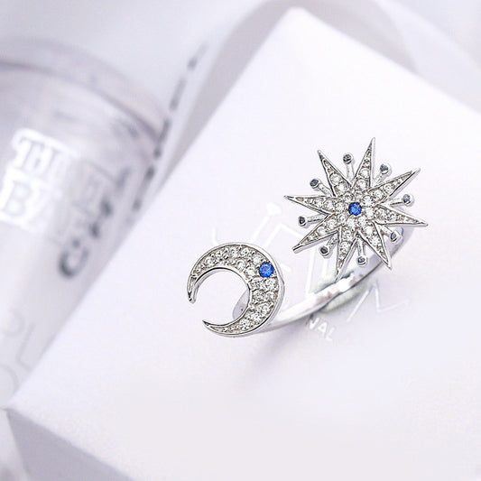 Star And Moon 925 Sterling Silver CZ Crystals Adjustable Ring