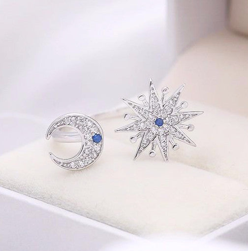 Star And Moon 925 Sterling Silver CZ Crystals Adjustable Ring