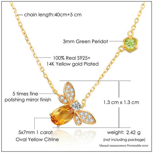 Citrine Honey Bee Silver Jewelry 14K Gold Plated Chain Charm Necklace