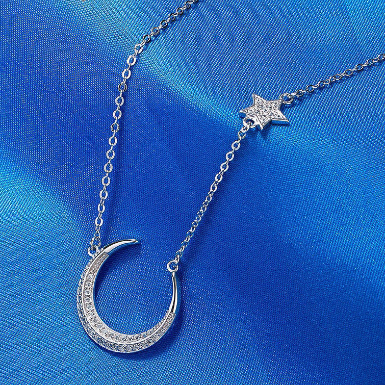 Star And Moon 925 Silver Link Chain Necklace With Rhinestones