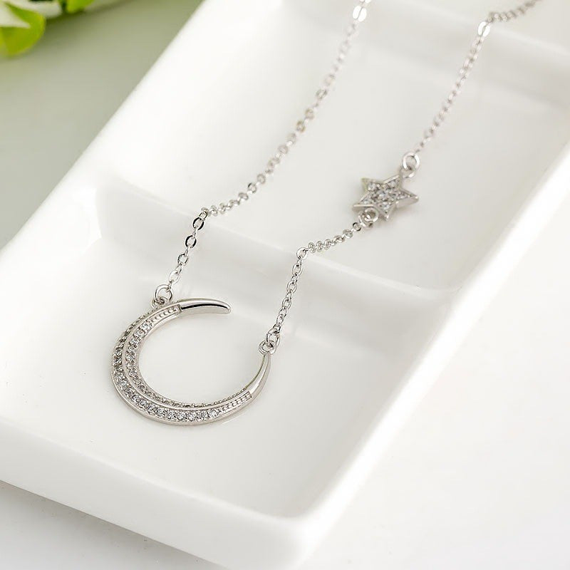 Star And Moon 925 Silver Link Chain Necklace With Rhinestones